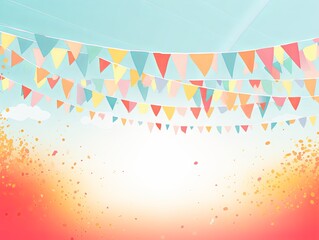 Foreground with cyan background and colorful flags garland on top, confetti all around, sun shining in the background, party banner 