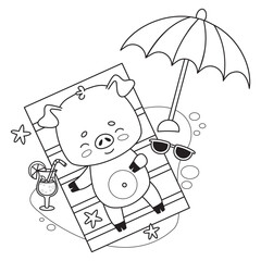 Happy beach piglet sunbathing and resting under sun umbrella. Cute outline animal cartoon. Line drawing, coloring book. Vector illustration