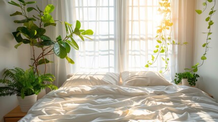 Modern cozy bedroom interior with fresh green plants and morning sunlight streaming through the window.