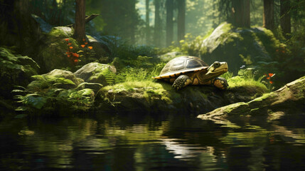 Serene forest pond reflecting the image of a wise old turtle basking on a sunlit rock, surrounded by the lush greenery of its woodland home. - obrazy, fototapety, plakaty