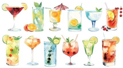 Watercolor illustration of drinks and cocktails collection on white background 