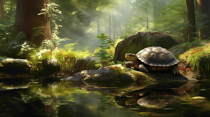 Serene forest pond reflecting the image of a wise old turtle basking on a sunlit rock, surrounded by the lush greenery of its woodland home. - obrazy, fototapety, plakaty