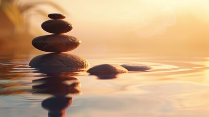 Zen stones stacked in balance in calm water with a serene, golden sunset in the background, invoking peace.