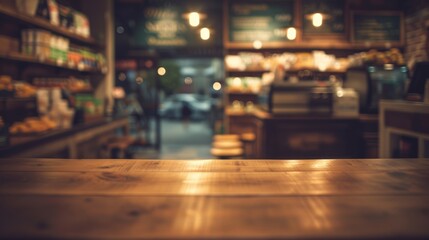 Cozy, unfocused background of a cafe with glowing lights, highlighting the wooden table.