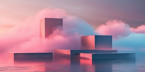 Surreal landscape with geometric shapes amidst pink clouds and reflective water, ideal for modern...