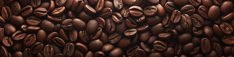 wallpaper of coffee beans, seamless pattern. Numerous brown, perfectly shaped and detailed coffee beans arranged in neat rows.