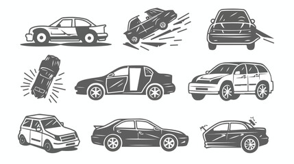Car crash and accidents. Thin line art icons set