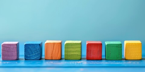 Brightly colored wooden toy blocks arranged in a row on a vibrant blue background, representing...