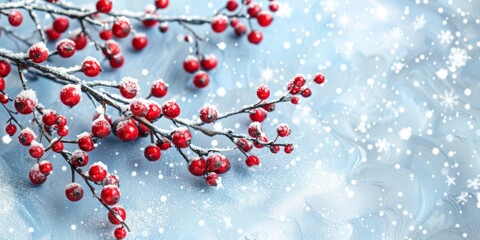 Vibrant red berries with a dusting of snow on a winter day, set against an icy blue background.