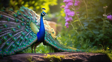 Proud and regal peacock displaying its vibrant plumage in a sunlit clearing, a dazzling burst of color against the green backdrop. - obrazy, fototapety, plakaty