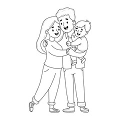 Happy family. Smiling man father hugs wife and holds son in his arms. Outline hand drawing. Vector illustration in doodle style. Cute people characters in full growth