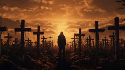standing solemnly next to several crosses in a cemetery at sunset. - obrazy, fototapety, plakaty