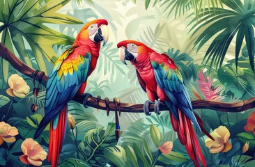 Obraz premium Colorful macaw parrots on tree branch side by side in lush tropical setting