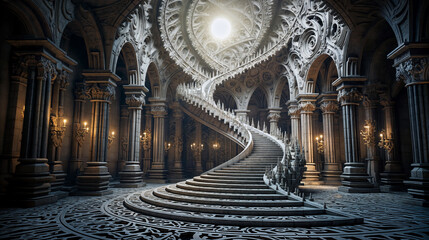 Majestic Gothic Interior with Grand Spiral Staircase and Ethereal Light Illumination - obrazy, fototapety, plakaty