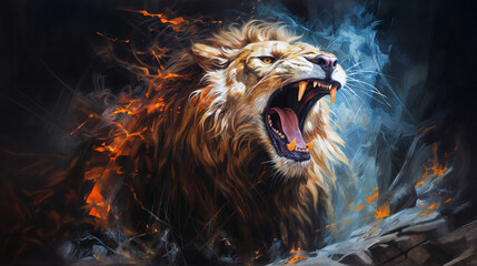 Majestic Lion Roaring with Flames - Artistic Wildlife Portrait in Vivid Colors
