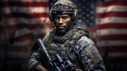 Portrait of a Focused Young African American Soldier in Combat Gear with American Flag Background - Powered by Adobe