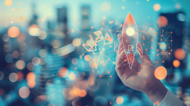 Hand holding rocket and digital network connection, start up business concept on city background with bokeh effect