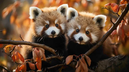  Playful red panda cubs frolicking in a tree, showcasing their agile movements and vibrant fur in a heart-melting display of cuteness. © Shani