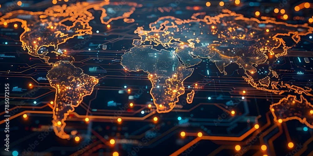 Poster glowing circuits outlining continents on a high tech map showcasing global connectivity and data flo