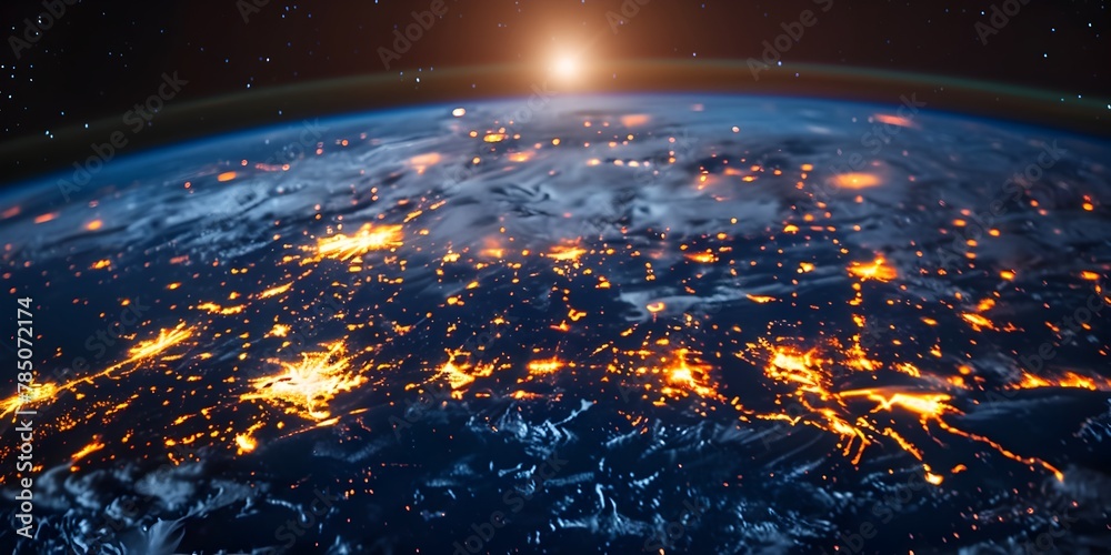 Poster glowing digital earth visualizing real time data streams and interconnected networks across the glob