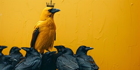 Naklejka premium Playful Yellow Crow Wearing Miniature Crown Interacting with Black Crows Symbolizing Amusing Leadership