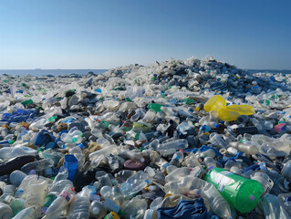 Vast expanse of discarded plastic bottles, creating a scene of pollution with various sizes.