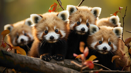 Playful red panda cubs frolicking in a tree, showcasing their agile movements and vibrant fur in a...