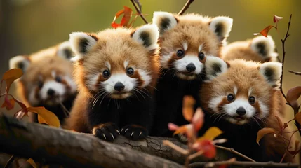 Raamstickers Playful red panda cubs frolicking in a tree, showcasing their agile movements and vibrant fur in a heart-melting display of cuteness. © Shani