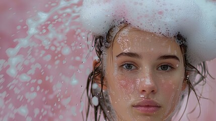 a woman who takes a bubble bath. foam cleanser, clean and rich foam, skin care and cleaning power emphasis concept. generative AI