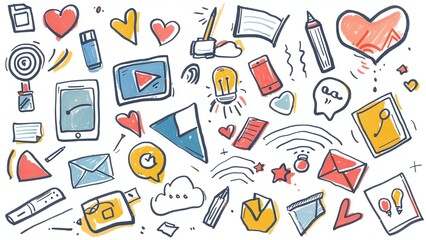 a collection of hand-drawn doodle icons related to social media and technology. sketches of a thumbs-up, a heart, a laptop, a picture with a mountain in the frame, a cursor arrow, location pin