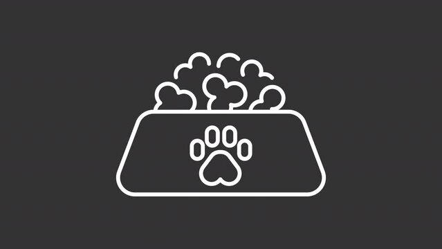 Pet food white line animation. Animated dog bowl with paw print icon. Bowl full of kibble. Pet nutrition and care. Isolated illustration on dark background. Transition alpha video. Motion graphic