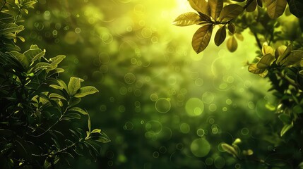Sun's rays seep through the thick green leaves of a forest of serene nature. Nature background. Spring background