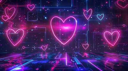 Neon hearts with smoke, gradient led border, portal with haze clouds. 3D abstract retro tech...