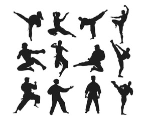 set of martial art silhouette, fighter, combat, fight pose. Vector illustration