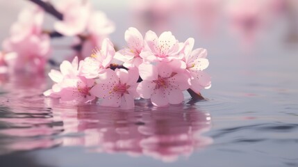 Pink Sakura flowers blooming gracefully on a branch, a water drop falling into a serene pond.