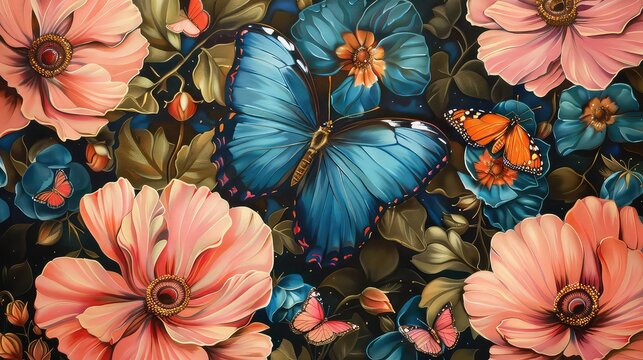 pink-golden flowers and shiny blue morpho butterflies painted with oil paint on canvas