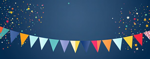 Foreground with navy blue background and colorful flags garland on top, confetti all around, sun shining in the background, party banner