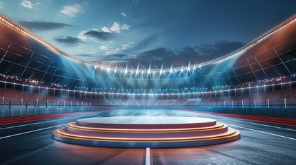 Sports Product Display Podium on Soccer Field with Stadium Background and lights