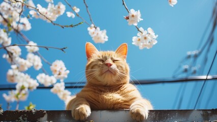 a ginger cat with its head and front paws perched over the edge of a surface. The cat is squinting...