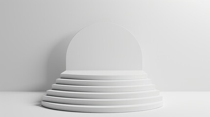 Round white ceramic podium with circle white frame on white background. Perfect platform for showing your products. Three dimensional illustration