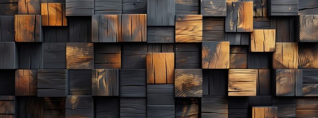 Abstract background with golden and black wood blocks. Abstract wallpaper design in the style of black wall with wooden elements, dark colored wall.