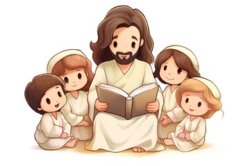 Illustration of Jesus Christ with his family on a white background.