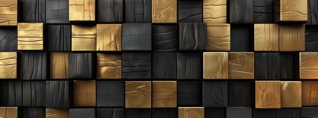 Abstract background with golden and black wood blocks. Abstract wallpaper design in the style of black wall with wooden elements, dark colored wall.