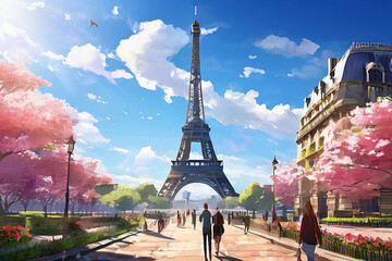 봄과 에펠탑의 풍경_생성형AI - obrazy, fototapety, plakaty