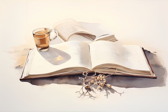Open book with a glass of coffee on a white background. Vintage style.