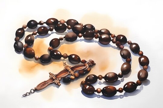 Buddhist rosary with cross on watercolor background.