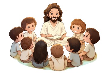 Vector cartoon illustration of Jesus Christ reading a book to the children.