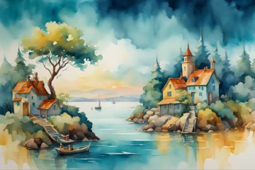 Glasschilderij Blauwgroen 수채화, 호수 주변의 여유로운 풍경_생성형AI