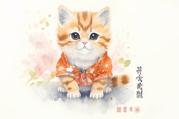 Chinese New Year card. Cute ginger kitten in traditional clothes on white background.