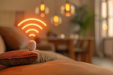 A smart home device connected to the internet. Orange light waves emanating from a Wi-Fi router. Living room. Comfort of technology. Wi-Fi symbol. Wireless network. Connection. Remote control. Ambient - obrazy, fototapety, plakaty